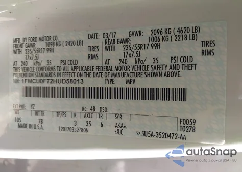 2017 Ford Escape S z USA, uszkodzony, nr VIN 1FMCU0F72HUD58013